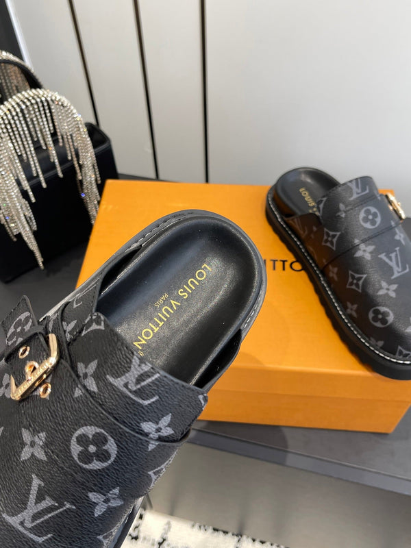 LV Cosy Comfort Mule Sandals Black Gold Denim Leather 533463