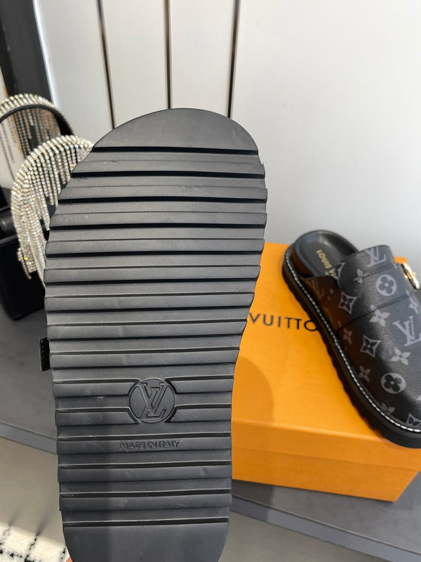 LV Cosy Comfort Mule Sandals Black Gold Denim Leather 533463