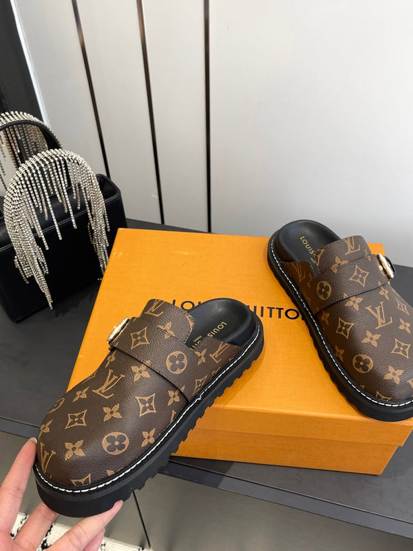 LV Cosy Comfort Mule Sandals Brown Gold Denim Leather 533464