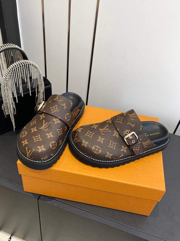 LV Cosy Comfort Mule Sandals Brown Gold Denim Leather 533464