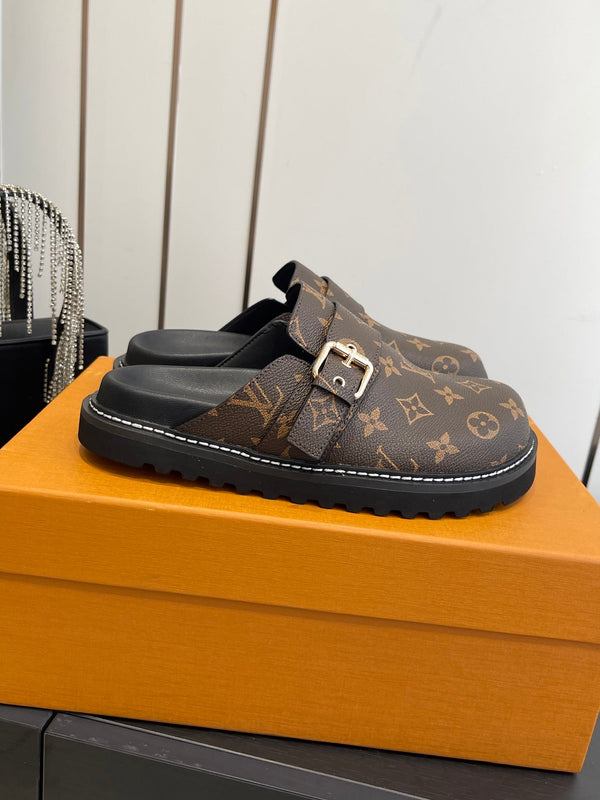 LV Cosy Comfort Mule Sandals Brown Gold Denim Leather 533464