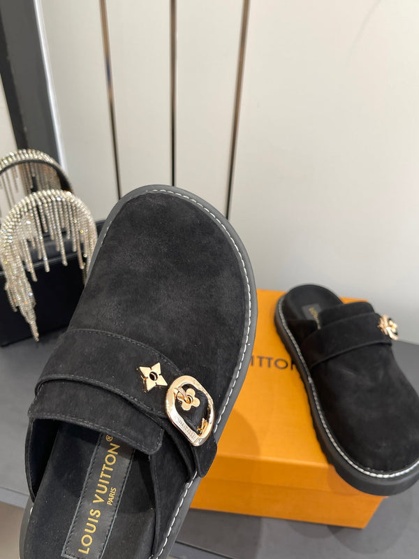 LV Cosy Comfort Mule Sandals Black Gold Suede 533465