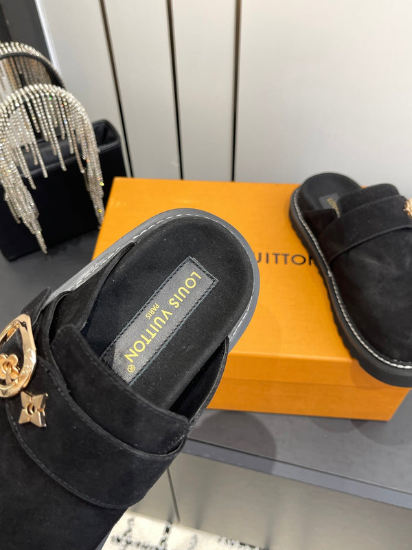 LV Cosy Comfort Mule Sandals Black Gold Suede 533465