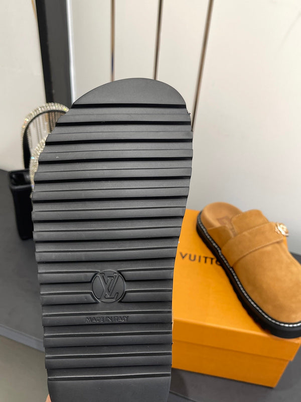 LV Cosy Comfort Mule Sandals Brown Gold Suede 533466