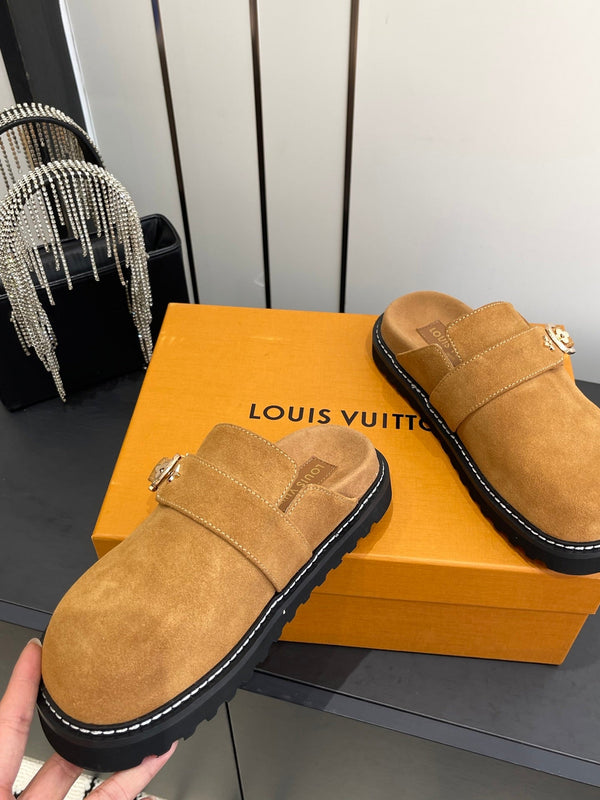 LV Cosy Comfort Mule Sandals Brown Gold Suede 533466