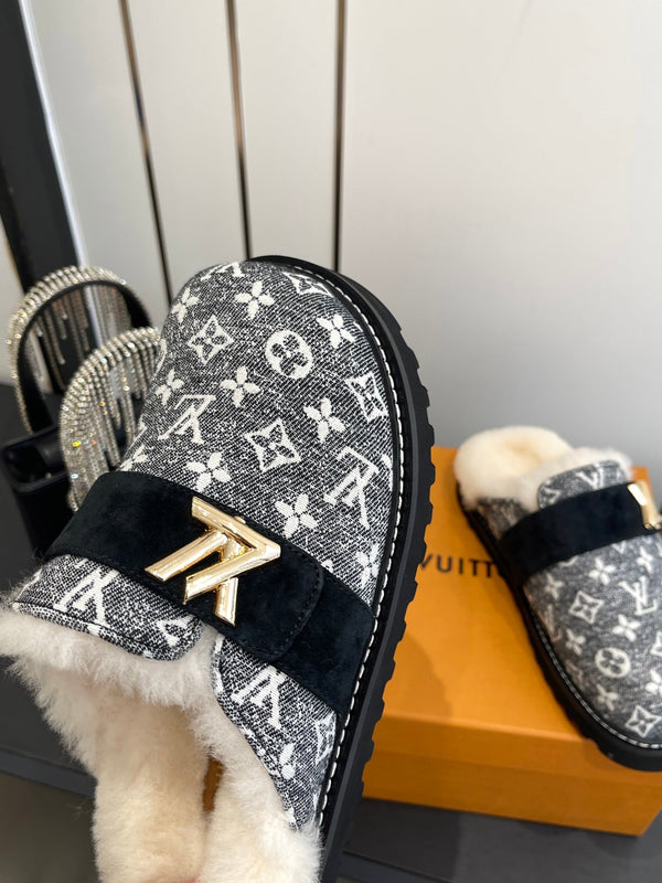 LV Cosy Flat Slippers Comfort Clog Black Grey BeigeLeather Monogram Fur 533468