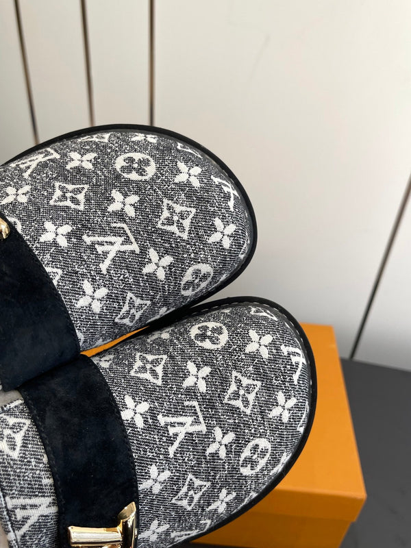 LV Cosy Flat Slippers Comfort Clog Black Grey BeigeLeather Monogram Fur 533468