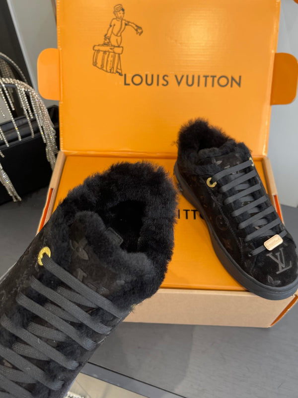 LV Time Out Sneaker 40mm Black Monogram Suede Fleece Lined 533471