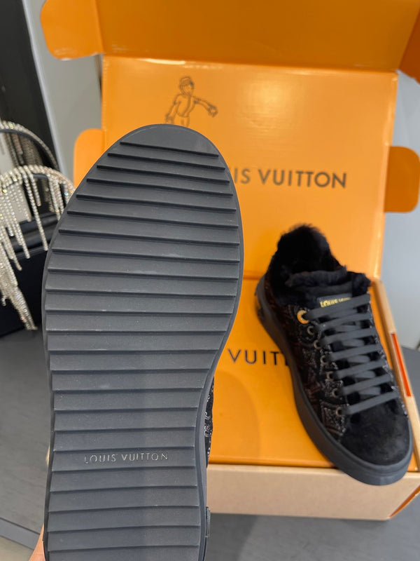 LV Time Out Sneaker 40mm Black Monogram Denim Suede Fleece Lined 533474