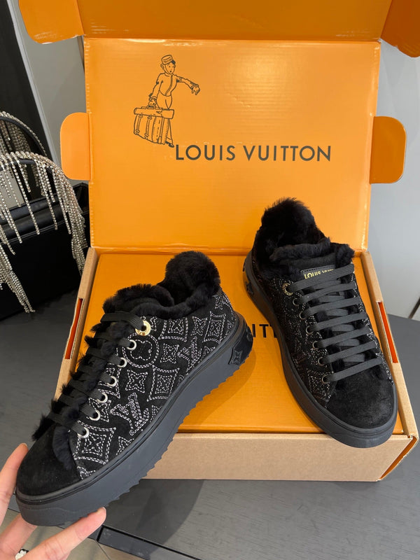 LV Time Out Sneaker 40mm Black Monogram Denim Suede Fleece Lined 533474