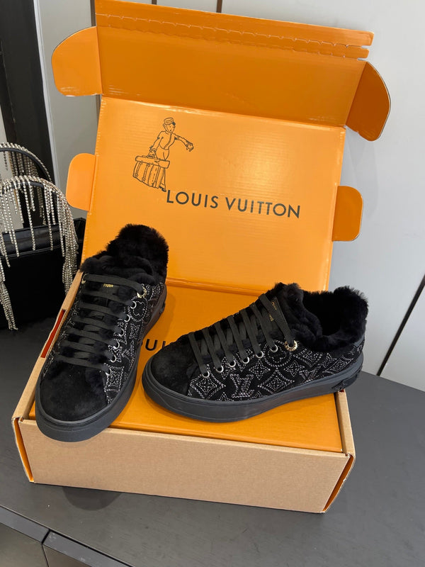 LV Time Out Sneaker 40mm Black Monogram Denim Suede Fleece Lined 533474