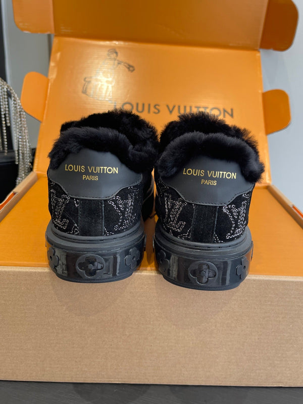 LV Time Out Sneaker 40mm Black Monogram Denim Suede Fleece Lined 533474