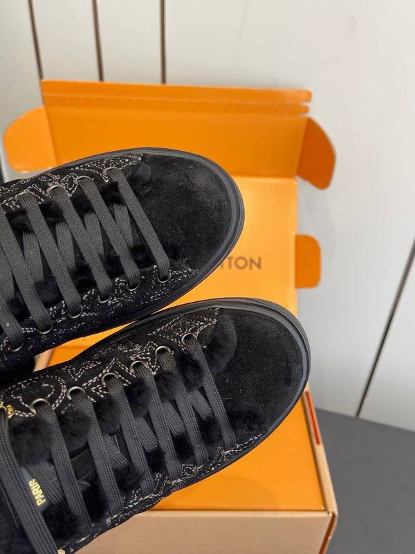 LV Time Out Sneaker 40mm Black Monogram Denim Suede Fleece Lined 533474