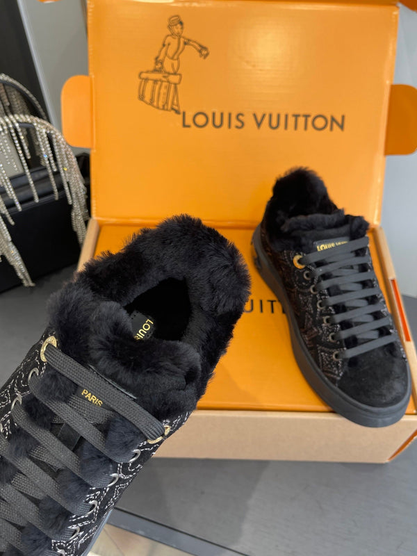 LV Time Out Sneaker 40mm Black Monogram Denim Suede Fleece Lined 533474