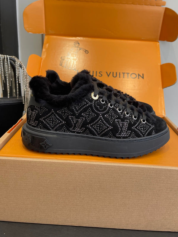 LV Time Out Sneaker 40mm Black Monogram Denim Suede Fleece Lined 533474