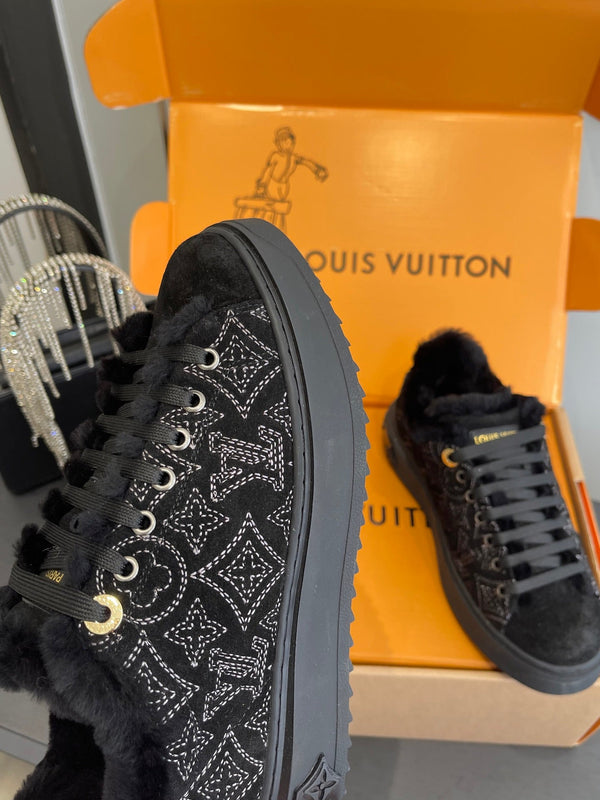 LV Time Out Sneaker 40mm Black Monogram Denim Suede Fleece Lined 533474