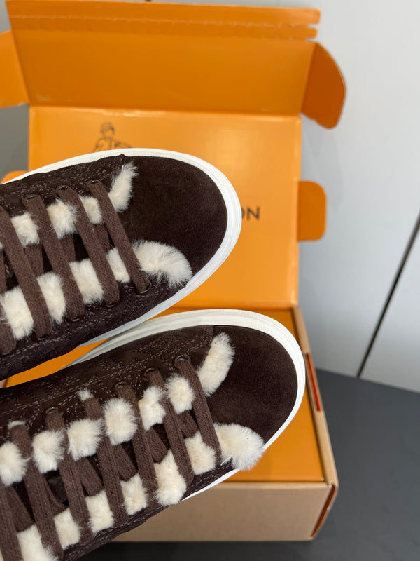 LV Time Out Sneaker 40mm Marron White Monogram Denim Suede Fleece Lined 533475