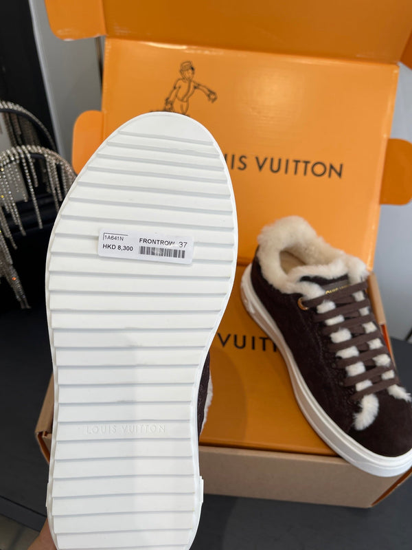 LV Time Out Sneaker 40mm Marron White Monogram Denim Suede Fleece Lined 533475