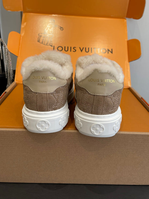 LV Time Out Sneaker 40mm Brown Cream Monogram Denim Suede Fleece Lined 533476