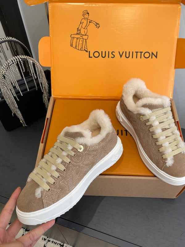 LV Time Out Sneaker 40mm Brown Cream Monogram Denim Suede Fleece Lined 533476