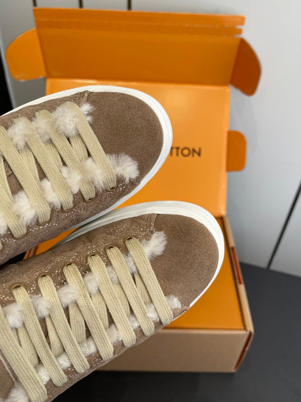 LV Time Out Sneaker 40mm Brown Cream Monogram Denim Suede Fleece Lined 533476