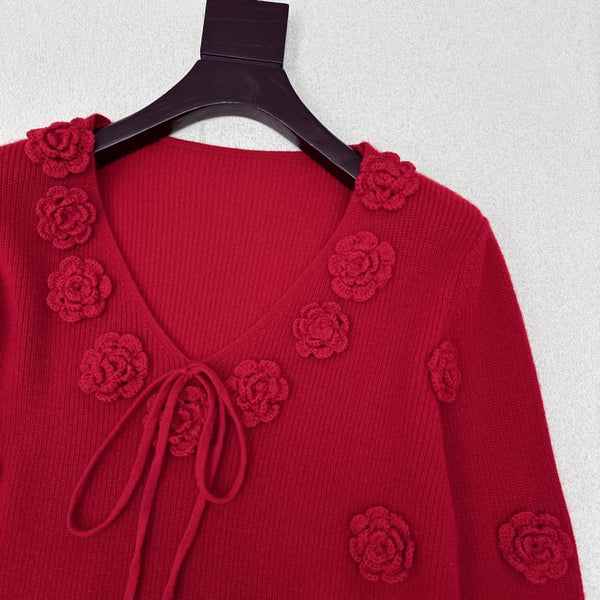 Miu Miu 25 Flower-decorated Knitted Sweater Red Wool