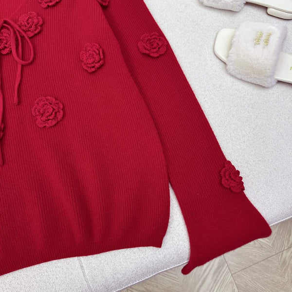 Miu Miu 25 Flower-decorated Knitted Sweater Red Wool