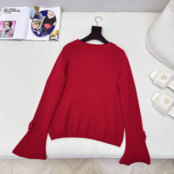 Miu Miu 25 Flower-decorated Knitted Sweater Red Wool