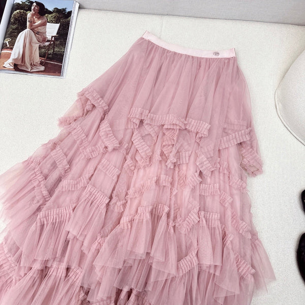 CC 25 Mesh Long Skirt Pink Polyester Fiber