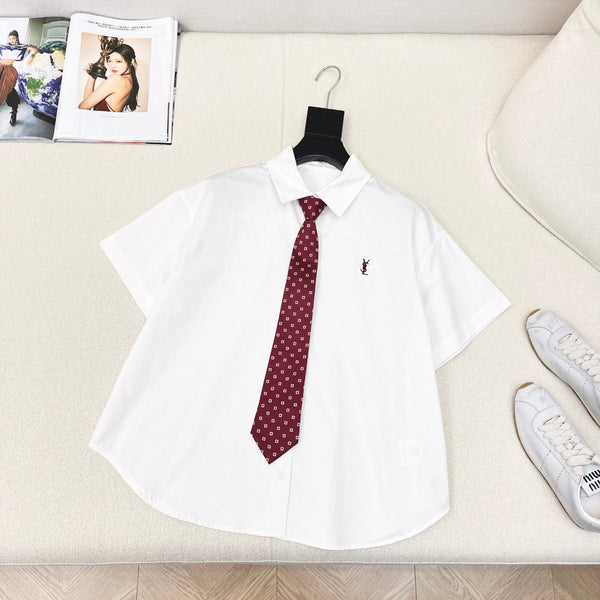 YSL 25 Polka Dot Tie Short-sleeved Shirt White Red Cotton 544580