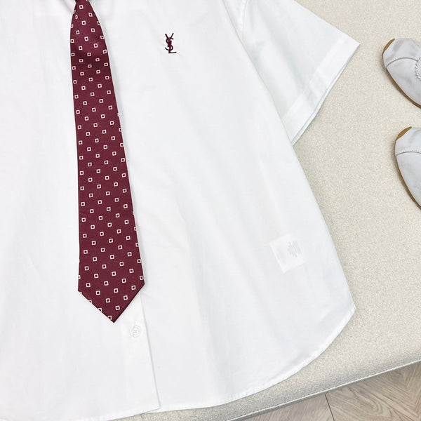 YSL 25 Polka Dot Tie Short-sleeved Shirt White Red Cotton 544580