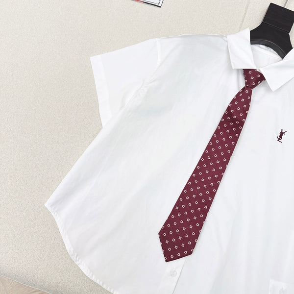 YSL 25 Polka Dot Tie Short-sleeved Shirt White Red Cotton 544580