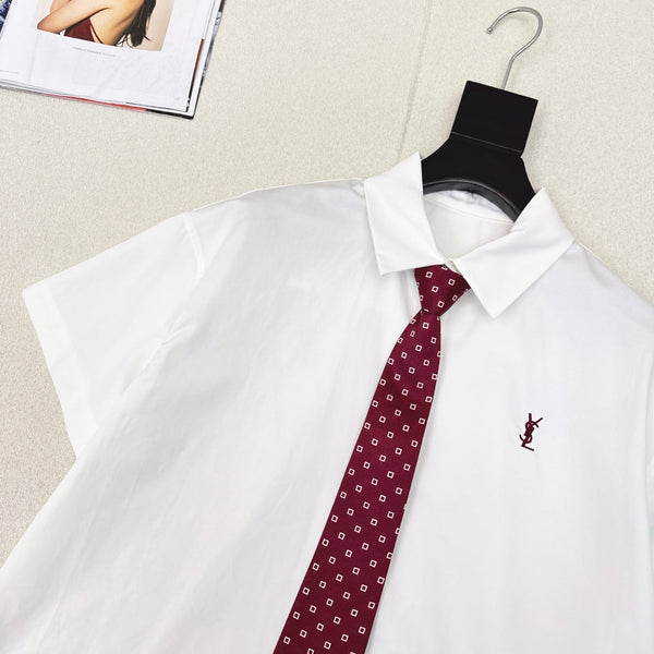 YSL 25 Polka Dot Tie Short-sleeved Shirt White Red Cotton 544580