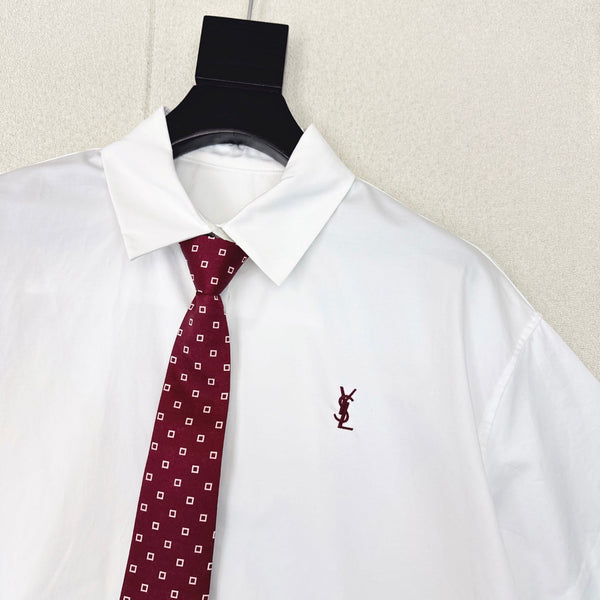YSL 25 Polka Dot Tie Short-sleeved Shirt White Red Cotton 544580