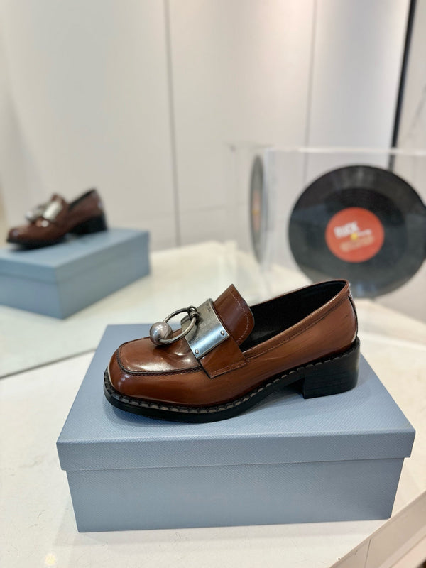 Prad 26s Ball Chain Loafers Brown Brushed Leather 941514