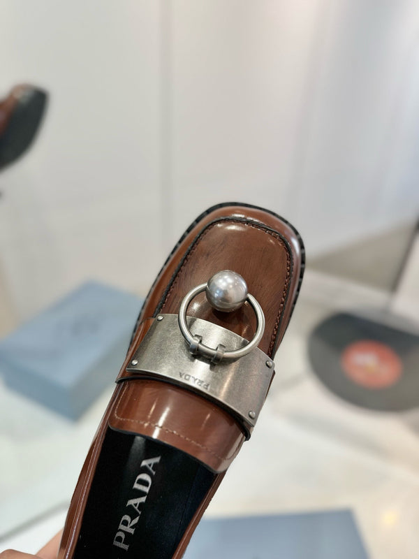 Prad 26s Ball Chain Loafers Brown Brushed Leather 941514