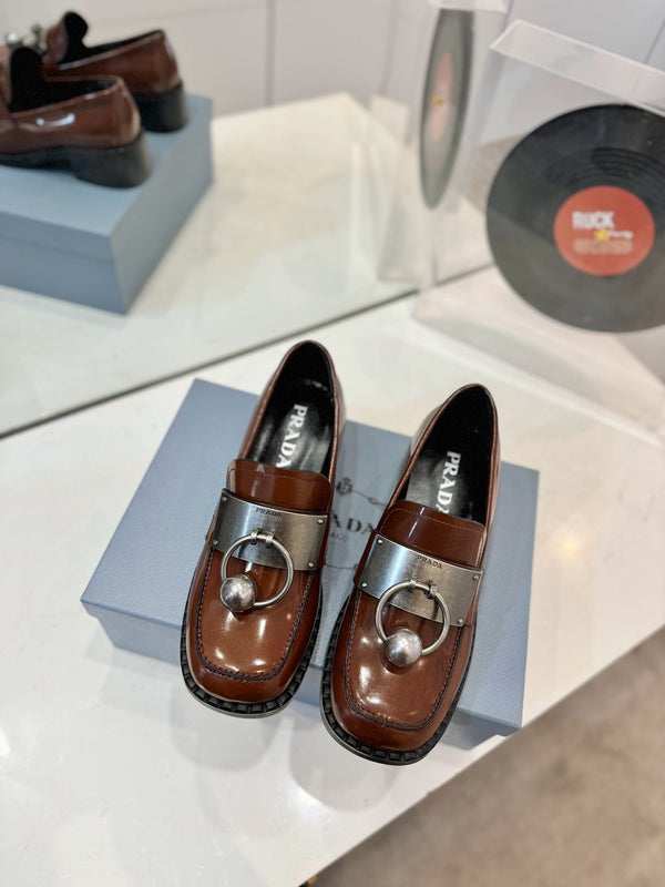 Prad 26s Ball Chain Loafers Brown Brushed Leather 941514