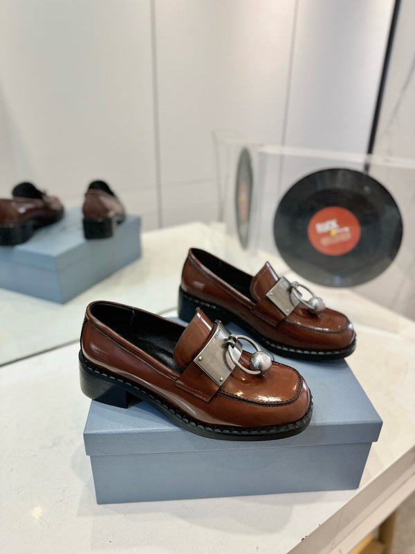 Prad 26s Ball Chain Loafers Brown Brushed Leather 941514