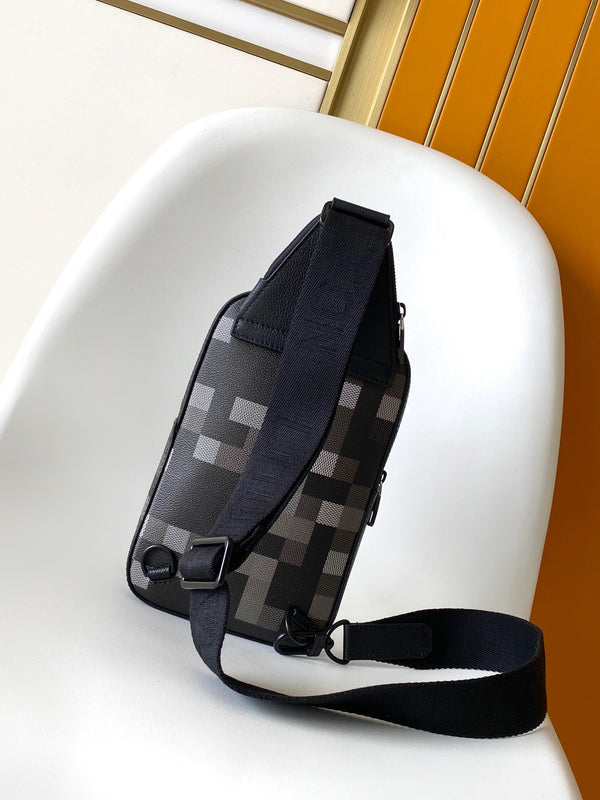 Lv Avenue Slingbag Black Damoflage Black Canvas- Black Metal