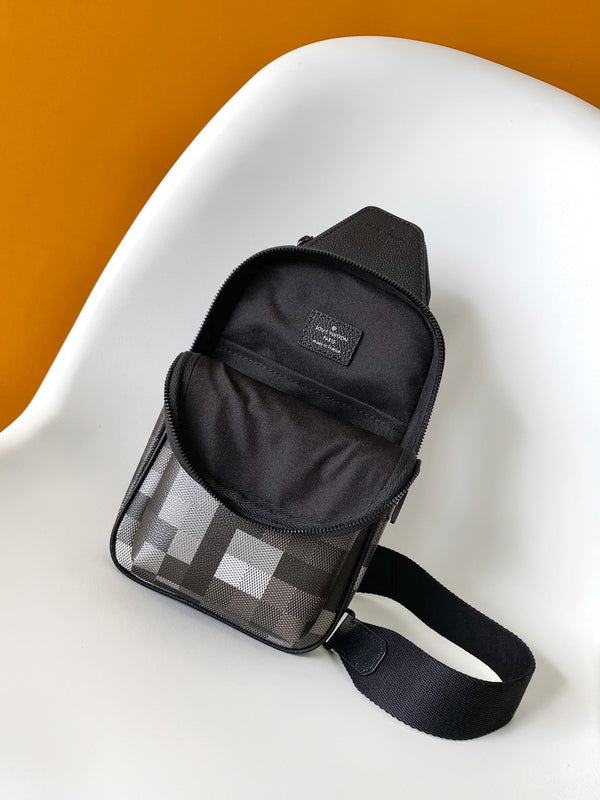 Lv Avenue Slingbag Black Damoflage Black Canvas- Black Metal