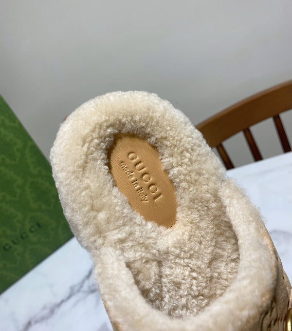 GG Horsebit Mules Beige Wool Leather