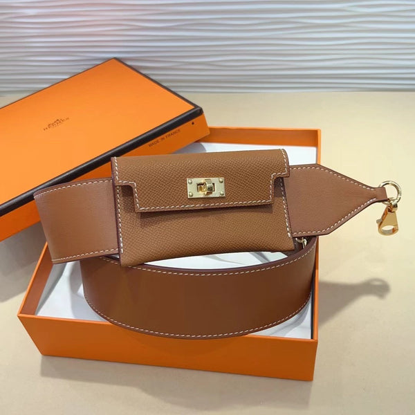 Tracolla Kelly Pocket 50mm marrone Epsom con hardware dorato