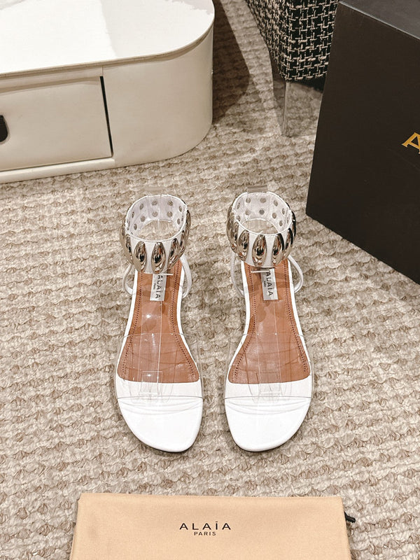 ALAIA SANDAL IN WHITE CALFSKN AND FILM WITH CRYSTAL