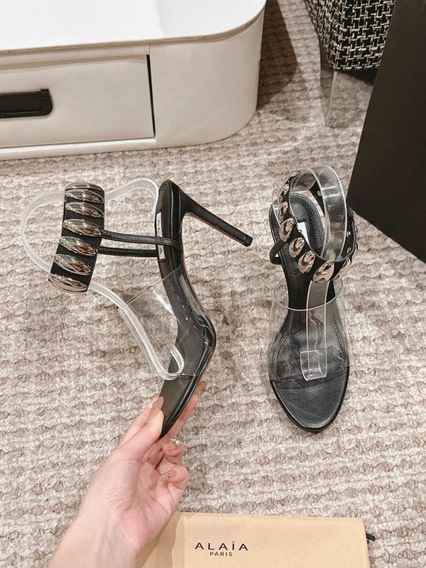 ALAIA HIGH SANDAL IN BLACK CALFSKN AND FILM WITH CRYSTAL