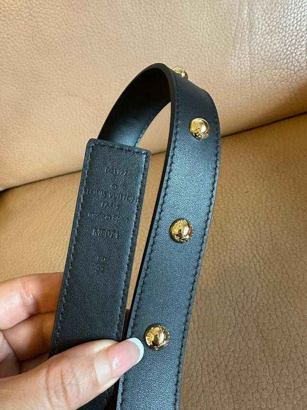 LV Initiales Studs 30mm Reversible Belt Gold Buckle Black Leather