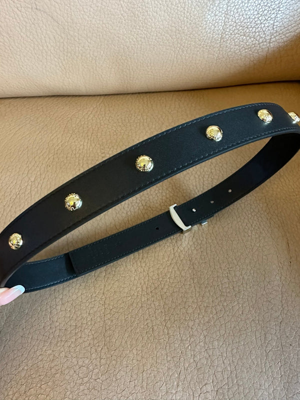LV Initiales Studs 30mm Reversible Belt Gold Buckle Black Leather