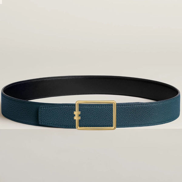HM Gold Tube H Buckle Belt 38mm Prussian blue Black Leather 187522