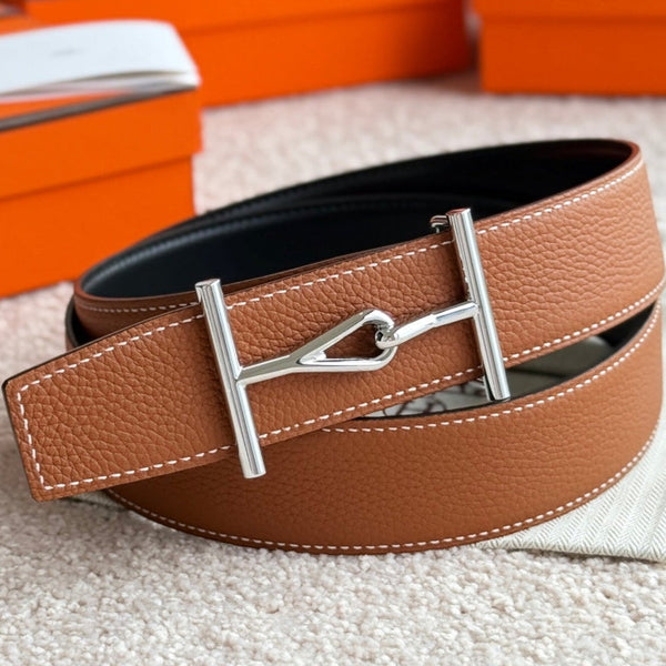 HM Jumbo Buckle Belt 38mm Brown Black Leather 187559