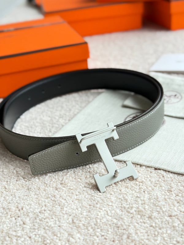 HM Silver H 5382 Faubourg Buckle Belt 32mm Gray Green Leather 187600
