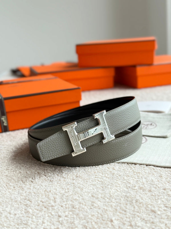 HM Silver H 5382 Faubourg Buckle Belt 32mm Gray Green Leather 187600